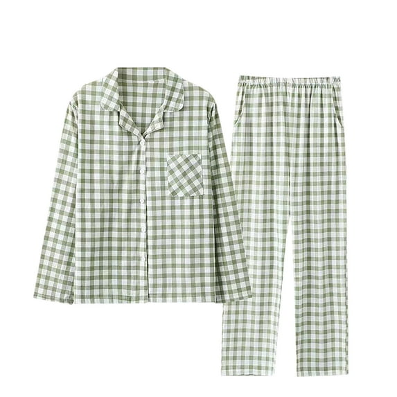 ALLLIST Cotton Pajamas for Men Set Big And Tall Sleepwear Long Sleeve Tops & Bottom Plaid Green Button Down Men's Pajamas M-3XL