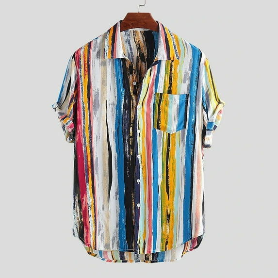 ALLLIST Cotton Shirts for Men with Pockets Short Sleeve Button Down Shirts Casual Blue Color Block Mens Clothes