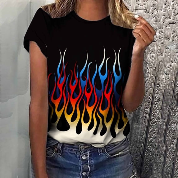 ALLLIST Cotton Tops for Women Short Sleeve Crew Neck T-Shirts Flame Trendy Red Shirts Ladie's Tops