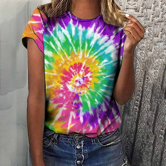 ALLLIST Cotton Women's Tops Crew Neck Short Sleeve T-Shirts Tie Dye Trendy Purple Shirts Ladies Tops