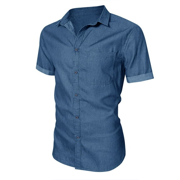 ALLLIST Cowboy Mens Shirts Short Sleeve Collared Button Down Shirts Casual Blue Plain Men's Clothes