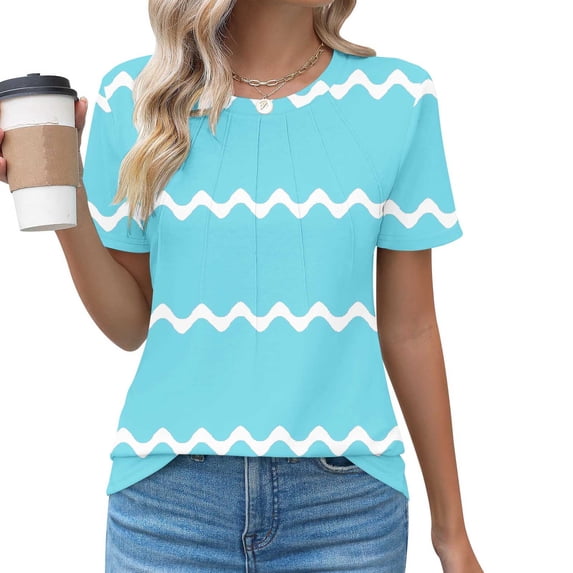 ALLLIST Crew Neck Cute Summer Tops for Women Blue Striped Short Sleeve T-Shirts Spring Blouse