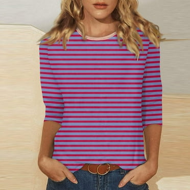 ALLLIST Crew Neck Cute Summer Tops for Women Pink Striped Short Sleeve T-Shirts Womens Tees