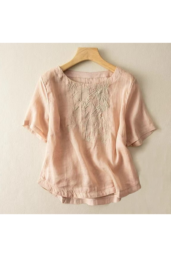Crew Neck Cute Summer Tops for Women Short Sleeve Pink Solid T-Shirts Cotton and Linen Casual Blouses for Women
