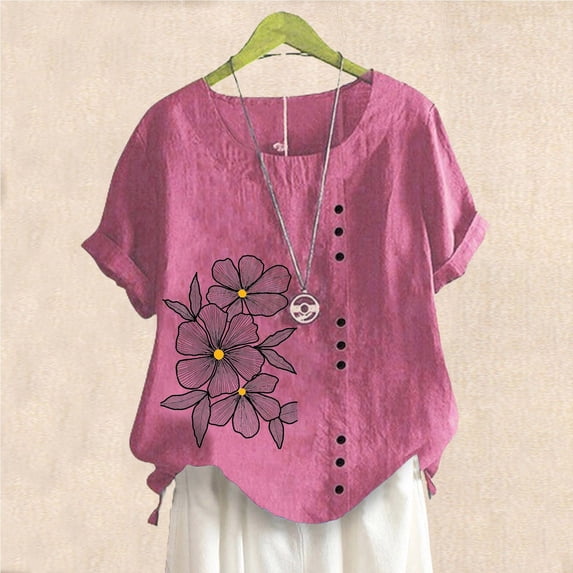 ALLLIST Crew Neck Going Out Tops for Women Floral Pink Short Sleeve Embroidery Button Blouses Casual Womens Shirts Under $10