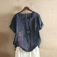 thumbnail image 1 of ALLLIST Crew Neck Going Out Tops for Women Short Sleeve Blue Floral Embroidery Cotton and Linen Blouses Button Womens T Shirts, 1 of 3