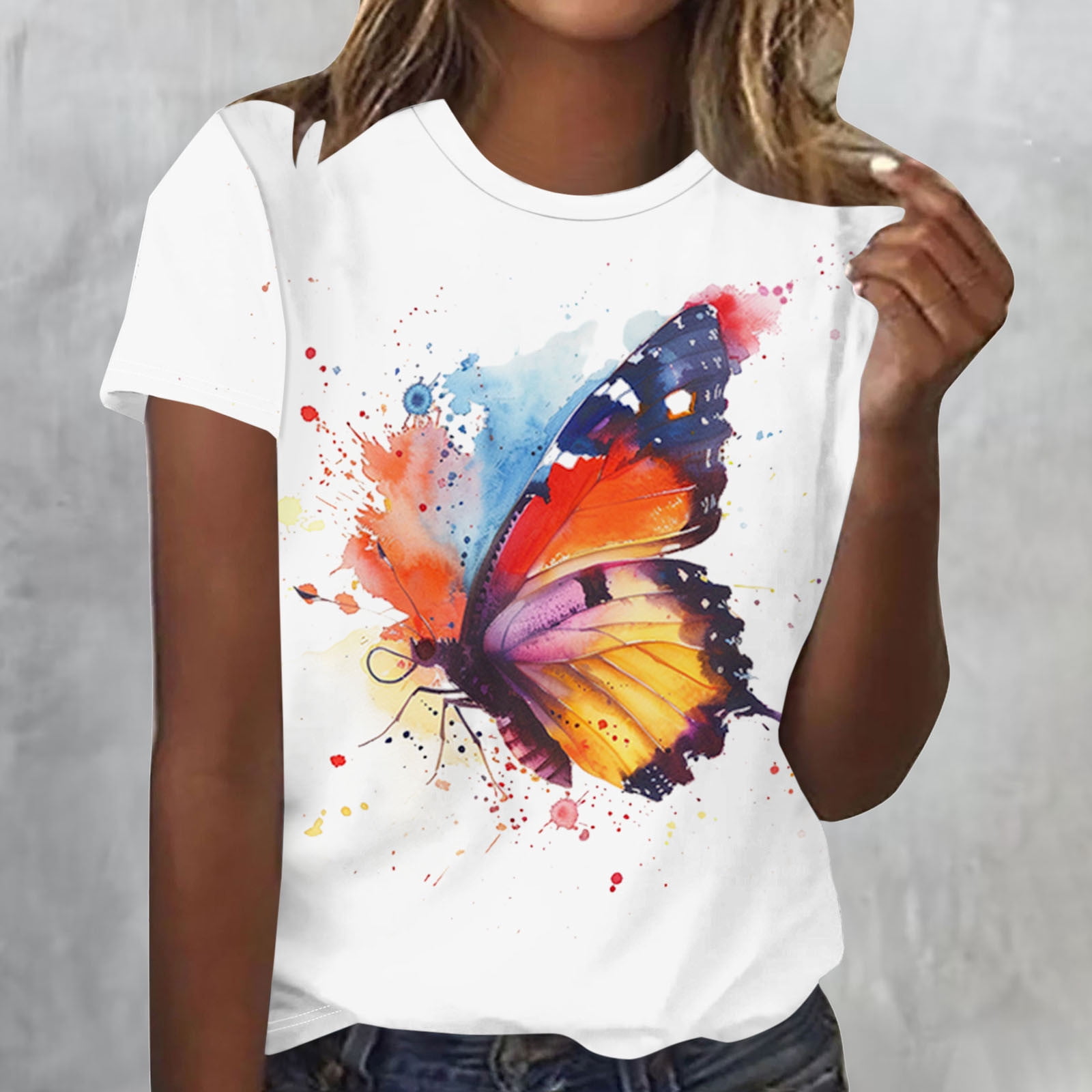 Crew Neck Ladies Tops Short Sleeve White Butterfly Casual Loose T-Shirts Pullover Tees