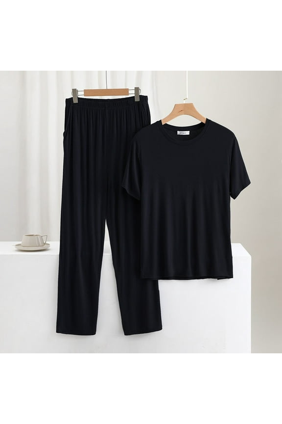 Crew Neck Mens Pajamas Set Big And Tall Sleepwear Black Short Sleeve Tops & Bottom Plain Pjs Sets Men's Pajamas 3XL-6XL