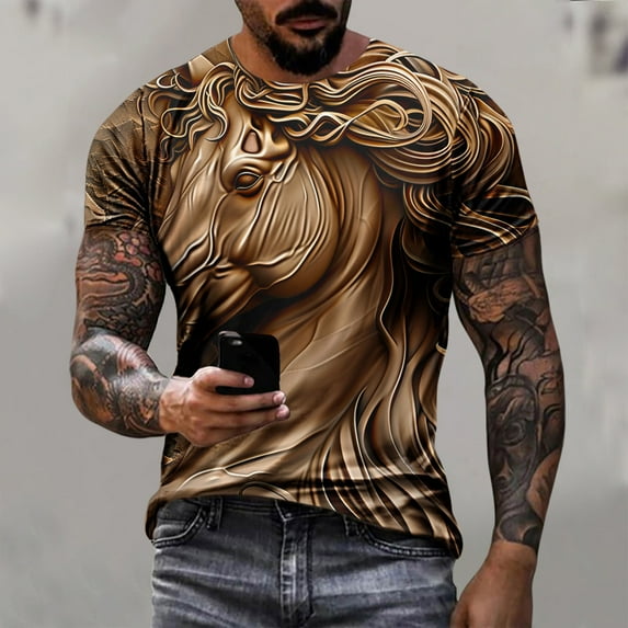 ALLLIST Crew Neck Mens Tops Clearance Under $5 Short Sleeve Brown Horse Loose Gift Printed Graphic T-Shirts Classic Tee for Men