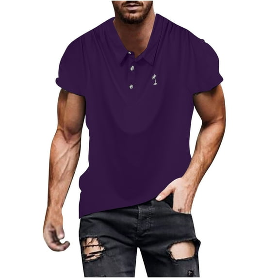 ALLLIST Crew Neck Spring Tops Purple Short Sleeve Solid Fitness Cotton T-Shirts Pullover Button Men's Shirts