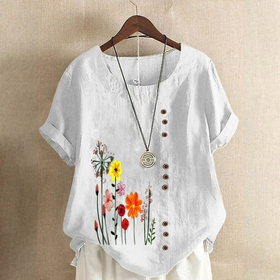 ALLLIST Crew Neck Spring Tops White Short Sleeve Cotton and Linen Floral T-Shirts Tees