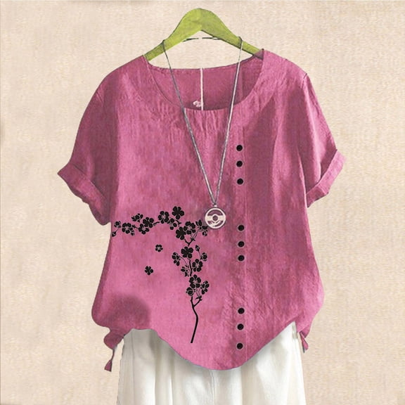 ALLLIST Crew Neck Spring Tops for Women 2024 Trendy Floral Short Sleeve Pink Embroidery Button Casual Blouses Blouses for Women Dressy Casual