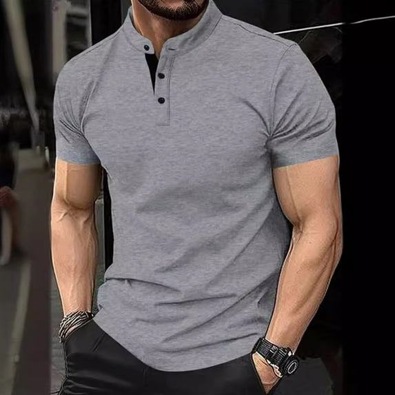ALLLIST Crew Neck Tops for Man Gray Short Sleeve Solid Fitness Button T-Shirts Pullover Mans Tees