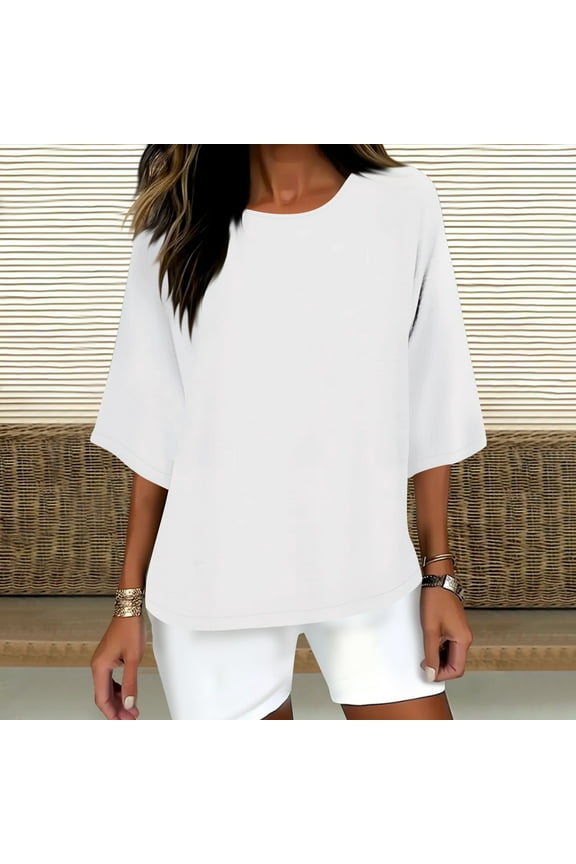 Crew Neck Tops for Women Cotton Linen 3/4 Sleeve Tee Shirts Plain Loose White Blouse for Women