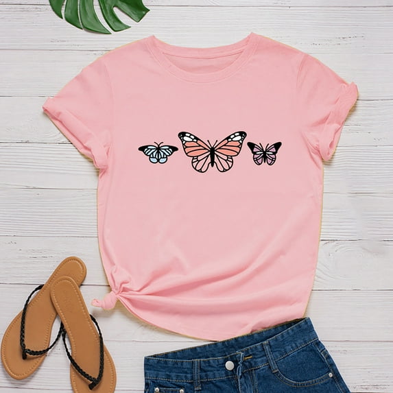 ALLLIST Crew Neck Tops for Women Holiday Short Sleeve T-Shirts Pink Casual Butterfly Shirts Women's Clothing