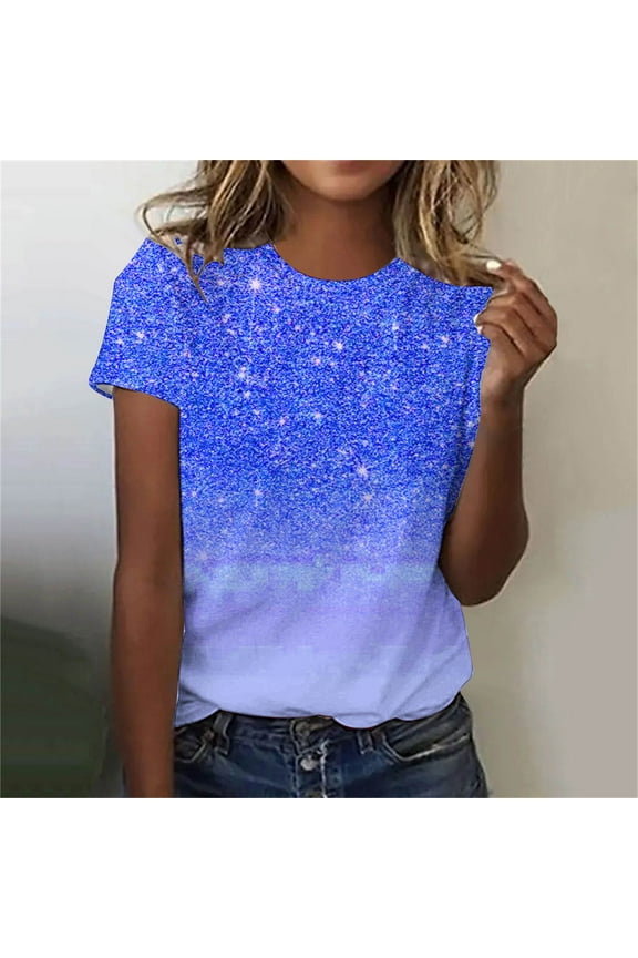 Crew Neck Tops for Women Summer Short Sleeve T-Shirts Blue Classic Fit Gradient Blouse Clothing for Women