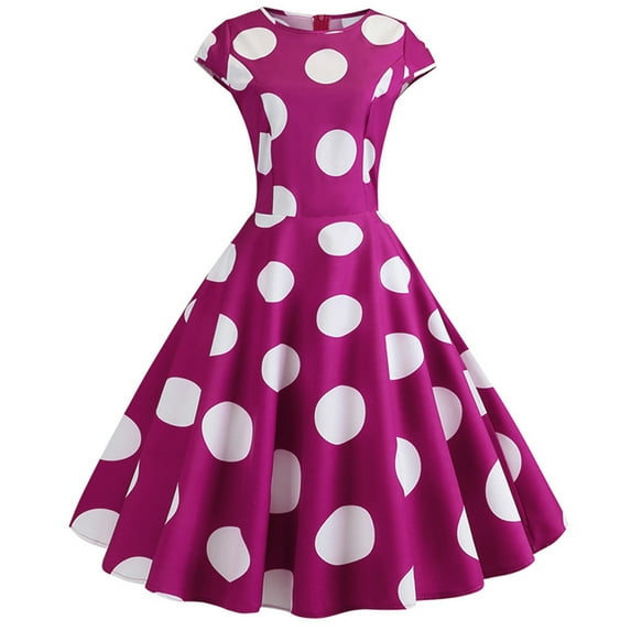 ALLLIST Crew Neck Women Dress A Line Vintage Skater Dress Polka Dot Short Sleeve Pink Party Teens Dresses