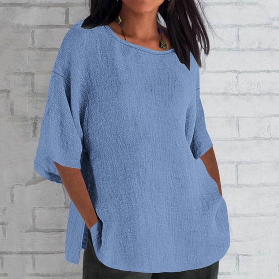 ALLLIST Crew Neck Women's Tops 3/4 Sleeve Plus Size T-Shirts Blue Cotton Fashion Plain Shirts Ladies Tops