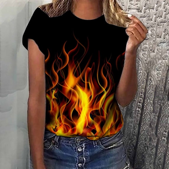 ALLLIST Crew Neck Womens Tops Short Sleeve Cotton T-Shirts Orange Flame Trendy Shirts Tops for Ladies