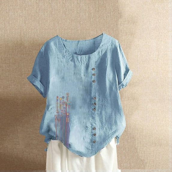 ALLLIST Crew Neck Workout Tops for Women Blue Short Sleeve Floral Embroidery Blouses Cotton and Linen Button T Shirts for Women