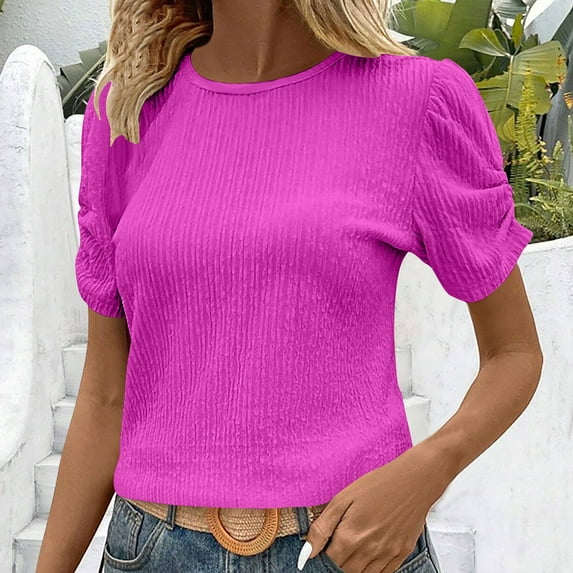 ALLLIST Crop Womens Tops Short Sleeve Holiday Blouses Solid Pink Fashion Shirts Ladie's Tops