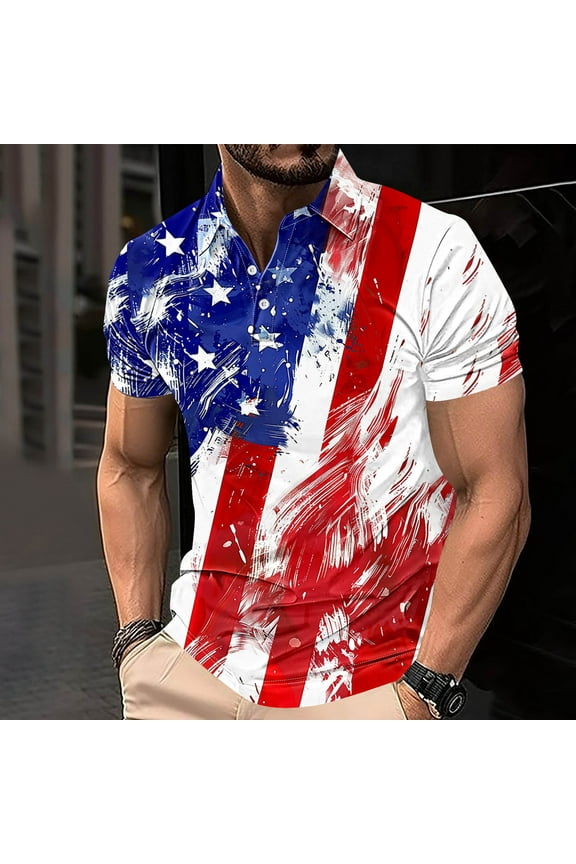 Cute Summer Tops for Men Short Sleeve Red Collared Independence Day T-Shirts Button Printed Casual Mans Tees