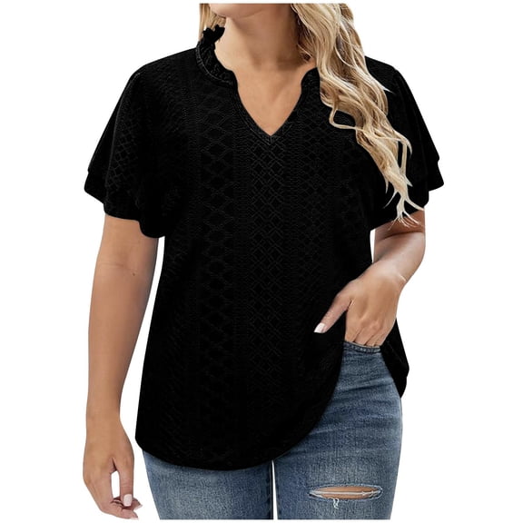 ALLLIST Cute Summer Tops for Women Black Hollow Lace Short Sleeve V-Neck Solid T-Shirts Tshirt Dress Women XXL