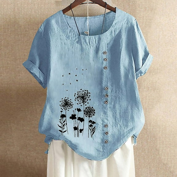 ALLLIST Cute Summer Tops for Women Blue Cotton and Linen Button Crew Neck Floral Short Sleeve T-Shirts Summer Blouses XXL