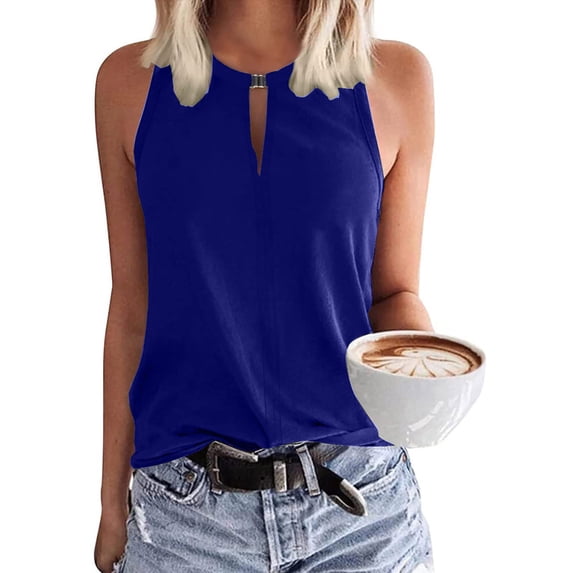 ALLLIST Cute Summer Tops for Women Blue Hollow Casual Solid Sleeveless Keyhole Neck Tank Tops Tank Tops for Women M