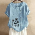 thumbnail image 1 of ALLLIST Cute Summer Tops for Women Blue Short Sleeve Crew Neck Floral T-Shirts Button Casual Cotton and Linen Womens Shirts Plus Size, 1 of 3