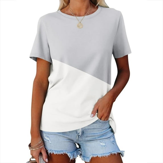 ALLLIST Cute Summer Tops for Women Gray Short Sleeve Geometric Crew Neck Casual T-Shirts Spring Blouses S