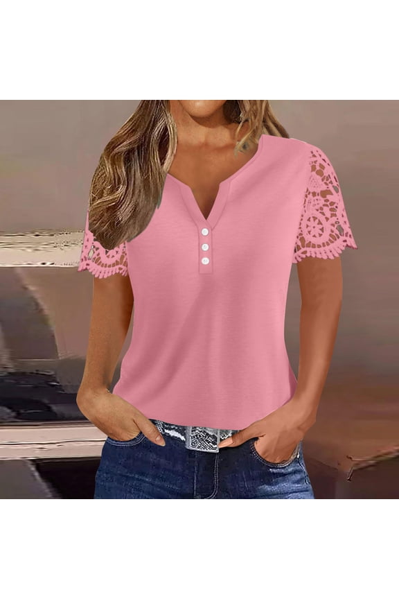 Cute Summer Tops for Women Notch Neck Short Sleeve Pink Solid Lace T-Shirts Button Hollow Tees