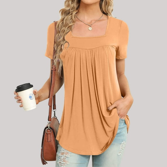 ALLLIST Cute Summer Tops for Women Orange Solid Flounce Square Neckline Short Sleeve T-Shirts Blouse for Women S