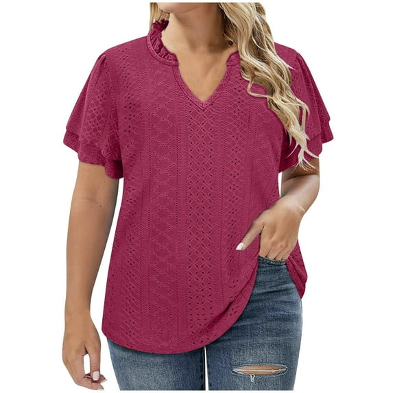 ALLLIST Cute Summer Tops for Women Pink Hollow V-Neck Short Sleeve Lace Solid T-Shirts Blouses for Women Dressy Casual XL