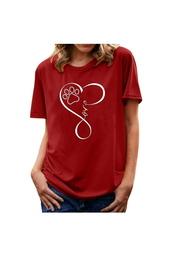 Cute Summer Tops for Women Red Short Sleeve Printed Love Crew Neck T-Shirts Ladies Tops and Blouses XXL