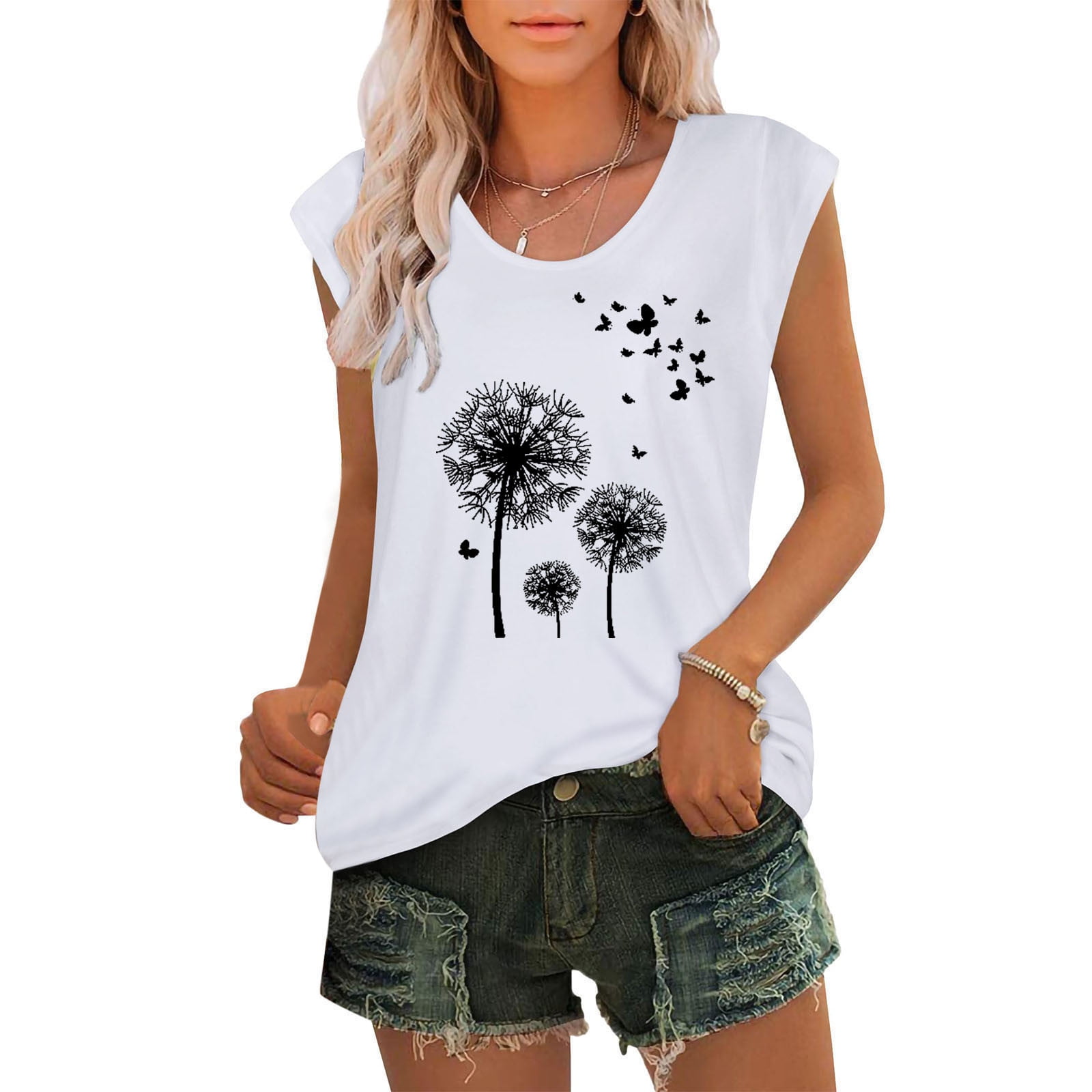 Women's Sleeveless Floral Tank Top - Cute Loose Fit Tunic T-Shirt, Solid White, Plus Size 3XL