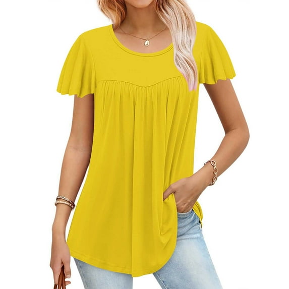 ALLLIST Cute Summer Tops for Women Yellow Crew Neck Flounce Short Sleeve Solid T-Shirts Blouses for Women XXL