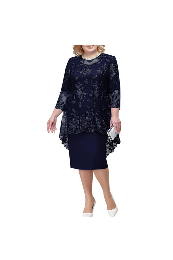 Dress for Women 3/4 Sleeve Crew Neck Plus Size Embroidered Dresses Lace 2 Piece Blue Evening Gown for Women
