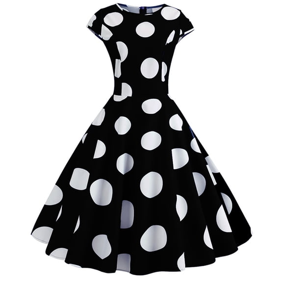 ALLLIST Dresses for Women Vintage Black Crew Neck A Line Skater Dress Short Sleeve Polka Dot Party Teen's Dresses