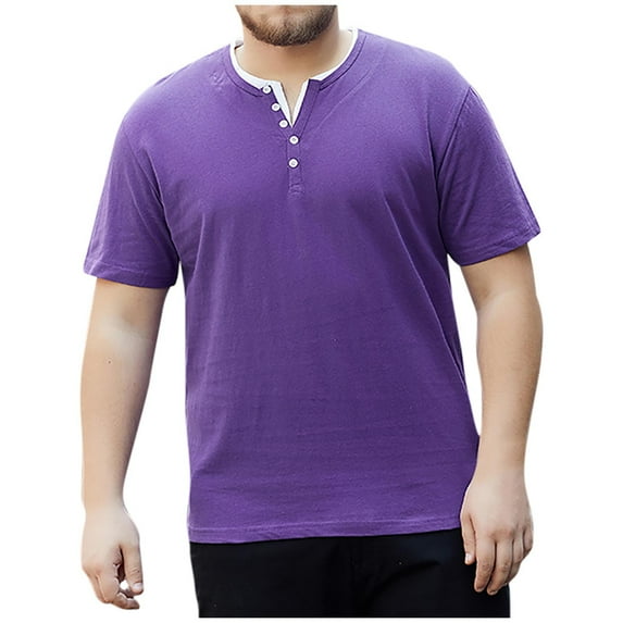 ALLLIST Dressy Tops for Men Purple Short Sleeve Notch Neck Solid T-Shirts Button Oversized Pullover Loose Mans Tees