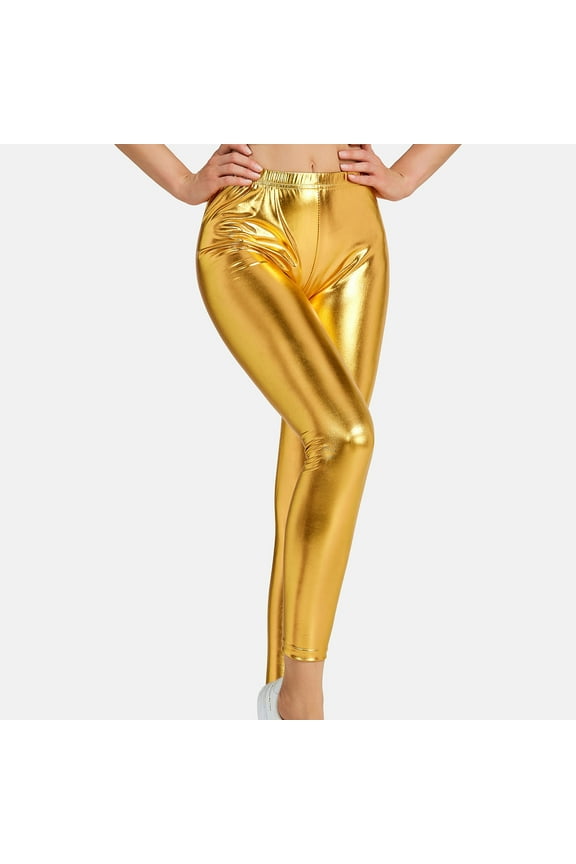 Elastic Waist Womens Pants Metallic Foil Print Leather Pants Tight Solid Gold Party Ladie's Pants