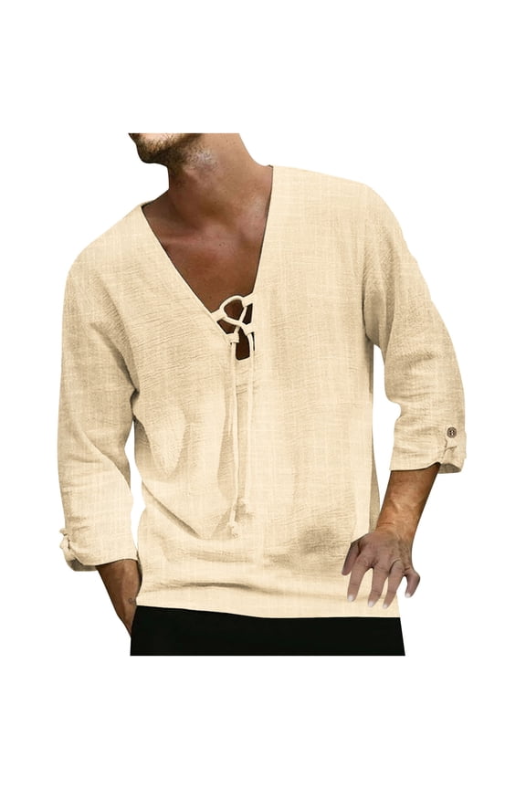 Elbow-Length Spring Tops for Men 2024 Trendy V-Neck Beige Solid Drawstring Breathable T-Shirts Casual Casual Shirts for Men