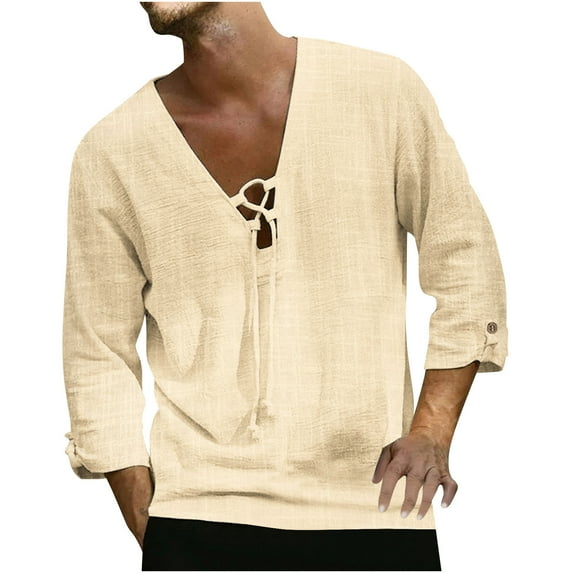 ALLLIST Elbow-Length Spring Tops for Men 2024 Trendy V-Neck Beige Solid Drawstring Breathable T-Shirts Casual Casual Shirts for Men