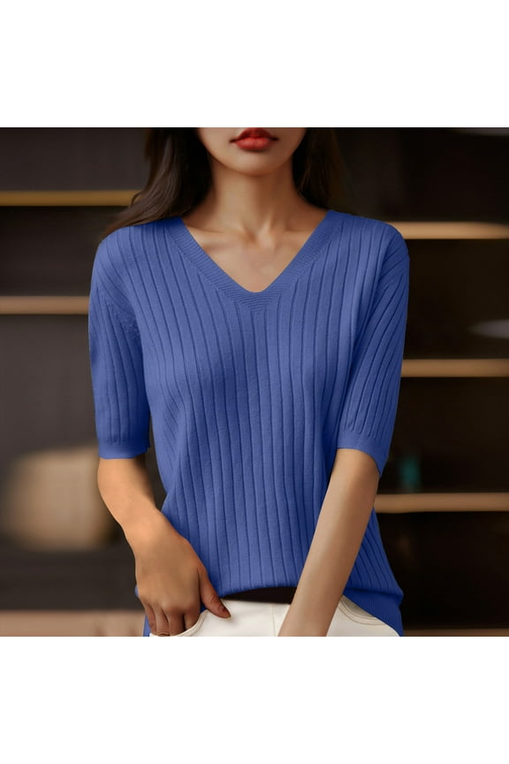 Elbow-Length Tops for Women Ribbed V Neck T-Shirts Solid Blue Casual Shirts for Women