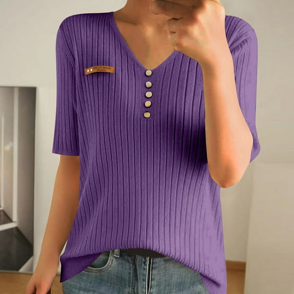 ALLLIST Elbow-Length Women's Tops Henley Ribbed T-Shirts Plain Casual Purple Shirts Ladie's Tops