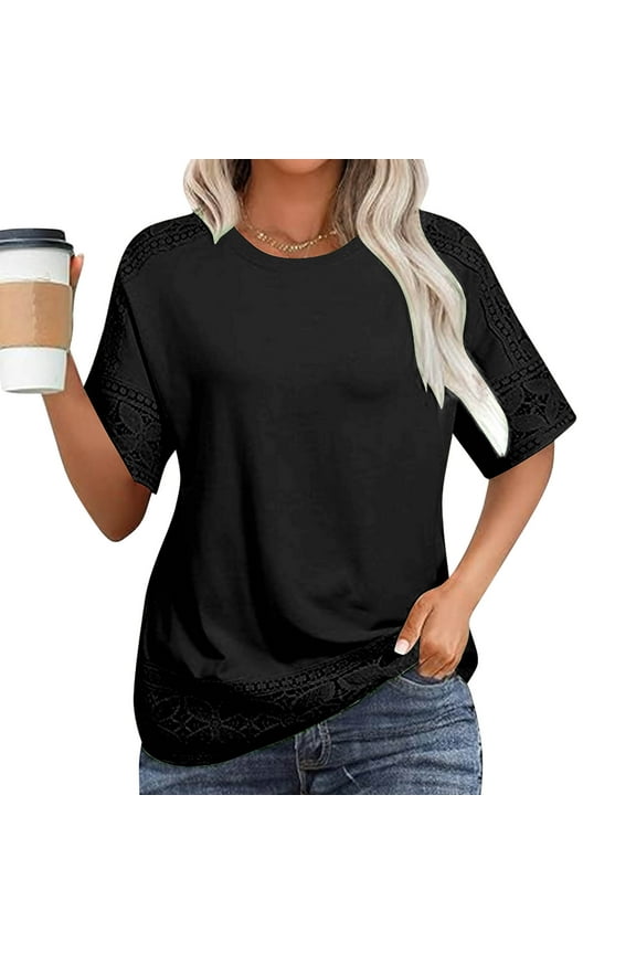 Elbow-Length Womens Tops Crew Neck Cotton Linen T-Shirts Casual Black Plain Shirts for Women