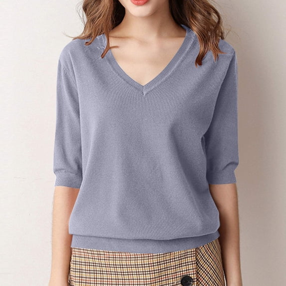 ALLLIST Elbow-Length Womens Tops Holiday V Neck T-Shirts Blue Casual Plain Sweaters Clothing for Women