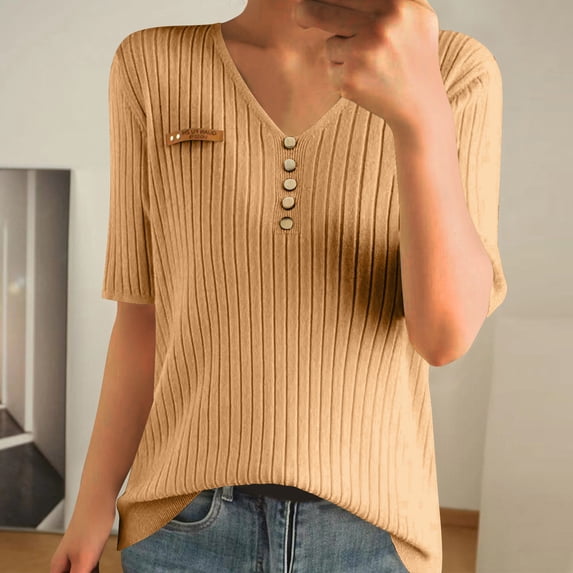 ALLLIST Elbow-Length Womens Tops Ribbed Henley T-Shirts Solid Trendy Gold Shirts Women's Clothing