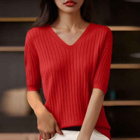 ALLLIST Elbow-Length Womens Tops V Neck Ribbed T-Shirts Plain Casual Red Shirts Tops for Ladies