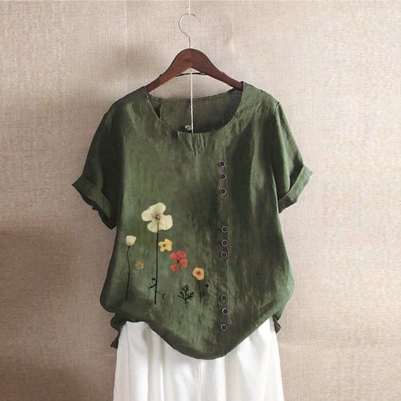 ALLLIST Essentials Men's Green Scoop Neck Short Sleeve Floral T-Shirts Casual Button Womens T Shirts